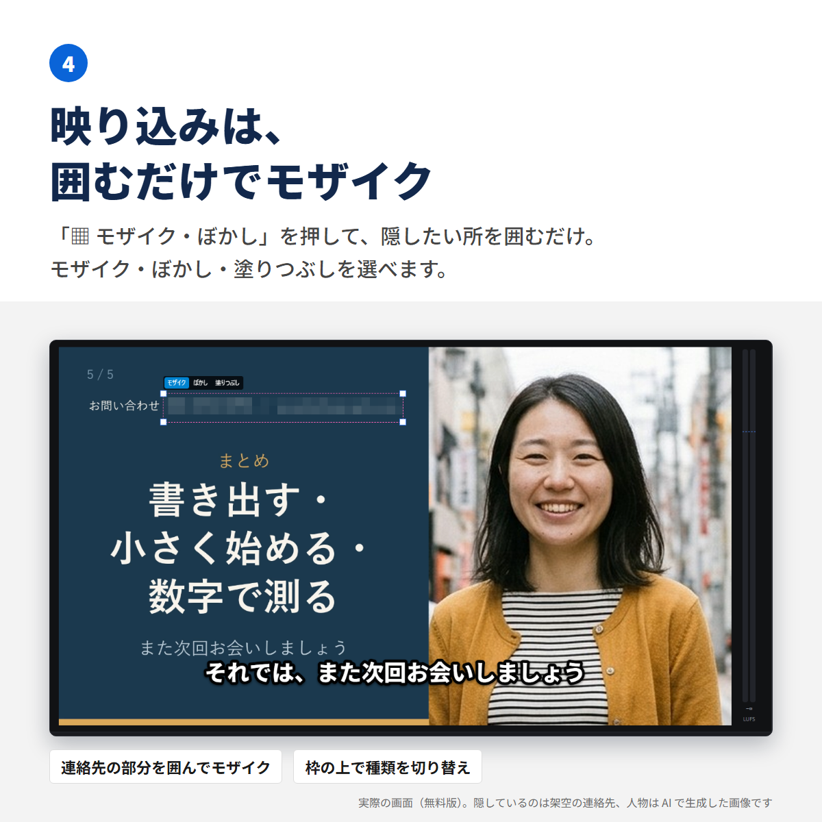 モザイクの実際の画面。スライドの連絡先の部分をドラッグで囲み、モザイクがかかっている